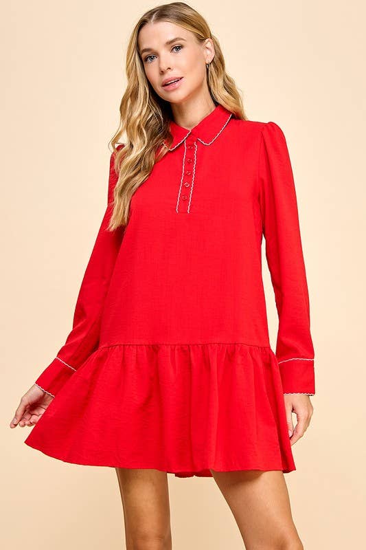 red contrast color dress Contrast Smocked Detail Puff Sleeve Midi Dress - Dark Red