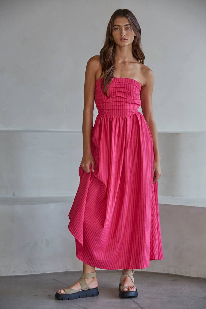 tube dress flare Hot Pink Striped Strapless Maxi Women's Belted Midi Shirt feminine movement LowStock:42865562222643 Colors:Indigo