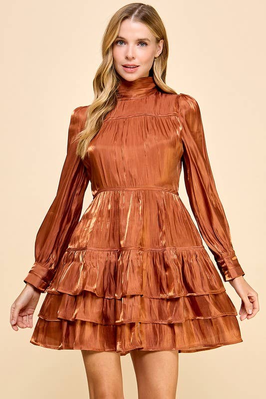 Satin Mock Neckline Ruffle Hem Dress L Satin Mock Neckline Ruffle Hem Dress L