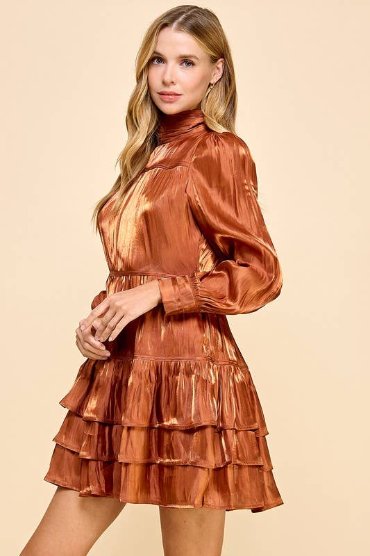 Satin Mock Neckline Ruffle Hem Dress L Satin Mock Neckline Ruffle Hem Dress L