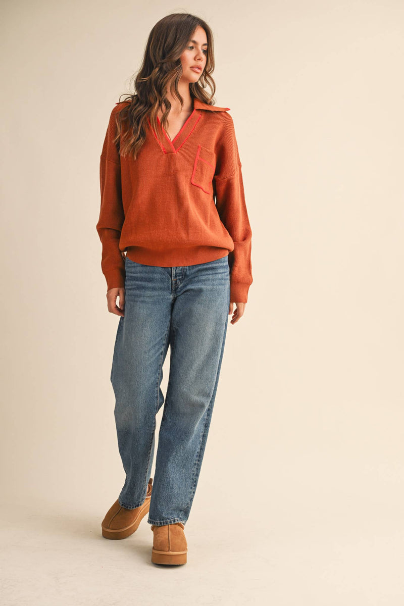 RIBBED COLLARED PULLOVER SWEATER