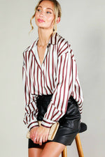 Collard Vertical Striped Printed Satin Blouse Top VT81315