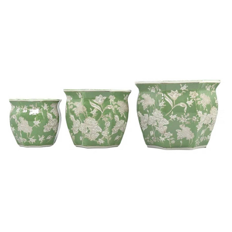 Ceramic Floral Pattern Planter Set of 3 - Green, 8/10/12 in.