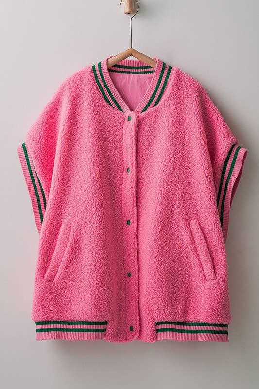 Oversized Sherpa Textured Varsity Button Front Vest