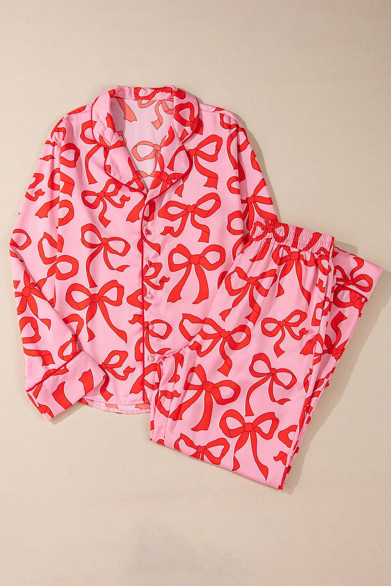 Bow Print Button Up Shirt and Loose Pants Pajama Set