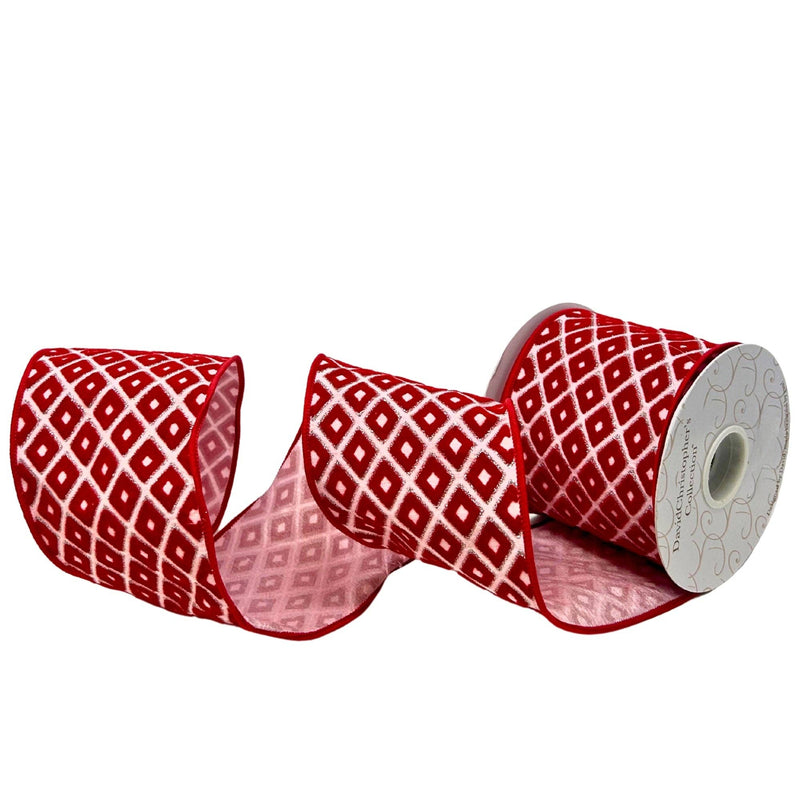 Red Flocked Diamond Pattern on Pink Ribbon 4" x 10yd