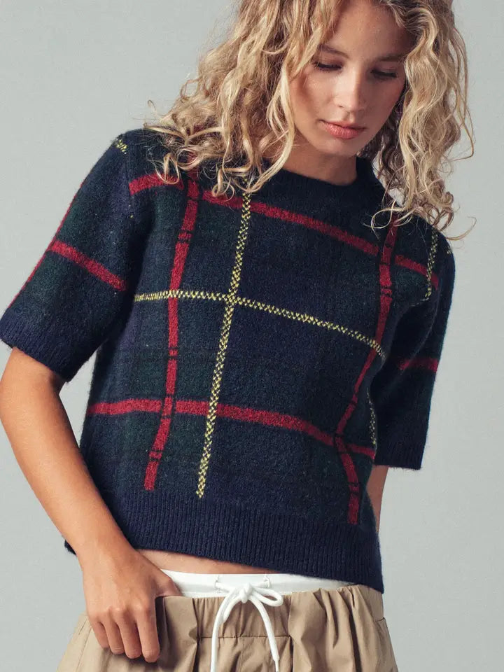 Plaid Short Sleeve Knit Sweater Top