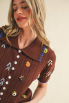 HAND EMBROIDERED SHORT SLV BUTTON DOWN SWEATER
