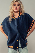 Oversized Sherpa Textured Varsity Button Front Vest