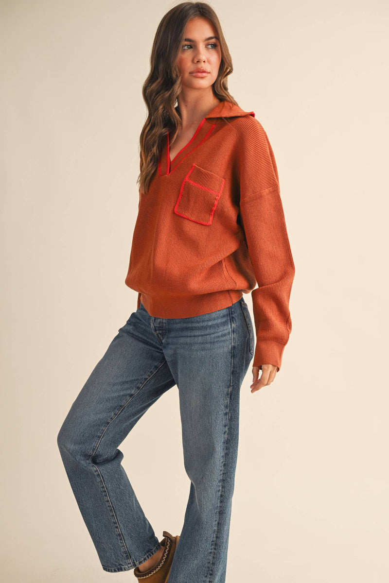 RIBBED COLLARED PULLOVER SWEATER