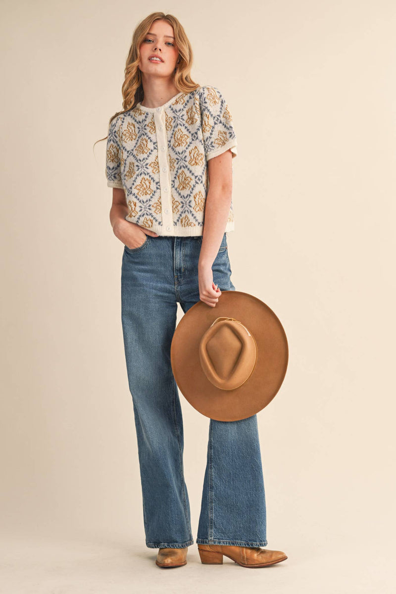 FLORAL SHORT SLEEVE SWEATER CARDIGAN