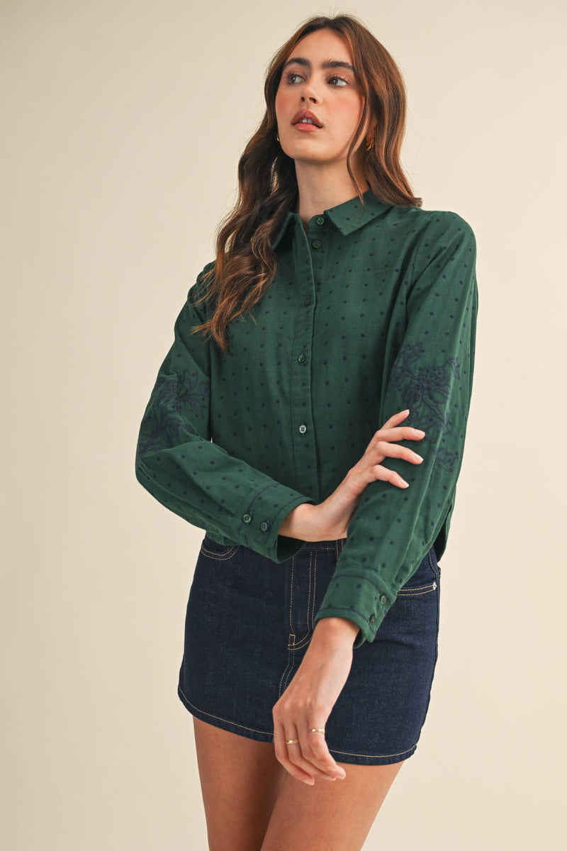 POLKA DOT FLORAL EMBROIDERY BUTTON UP TOP
