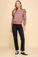 CW2569-Floral Print Long Puff Sleeves Sweater