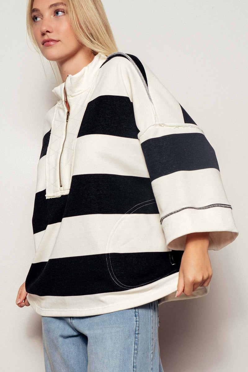 Oversized Half Zip Bold Stripe Statement Pullover Sweatshirt