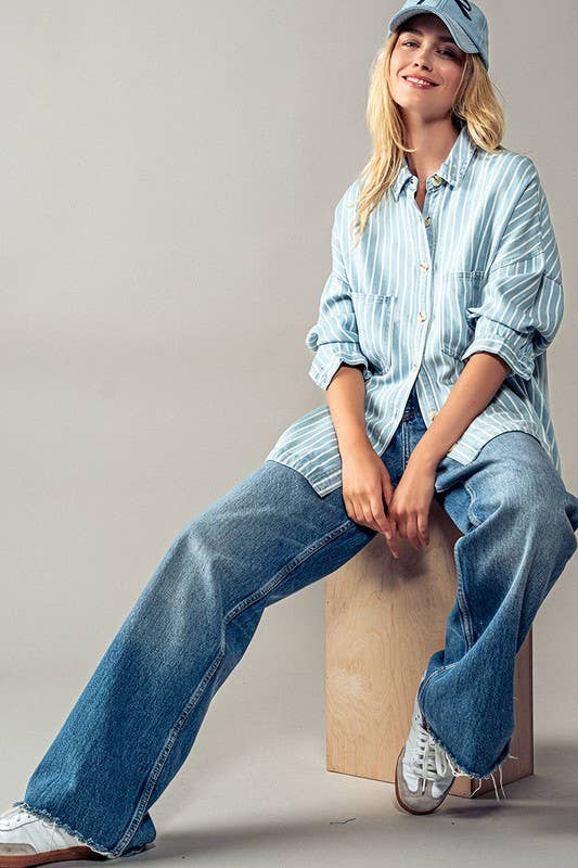 Casual Striped Double Pocket Button Down Collar Shirt