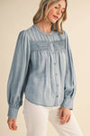 CHAMBRAY BUTTON DOWN TOP WITH PINTUCK DETAIL MTP4363