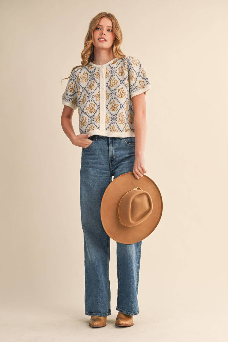 FLORAL SHORT SLEEVE SWEATER CARDIGAN