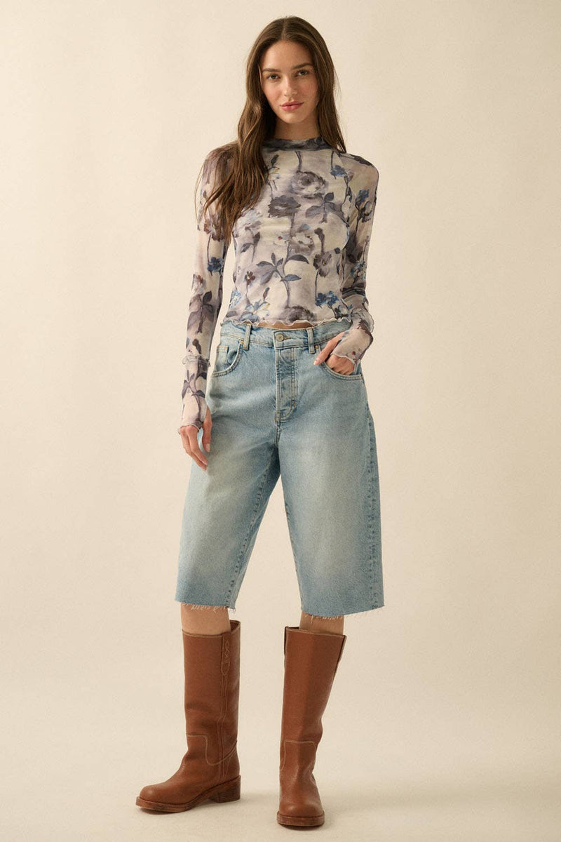 Floral Mesh Raglan-Sleeve Mock-Neck Thumbhole Top