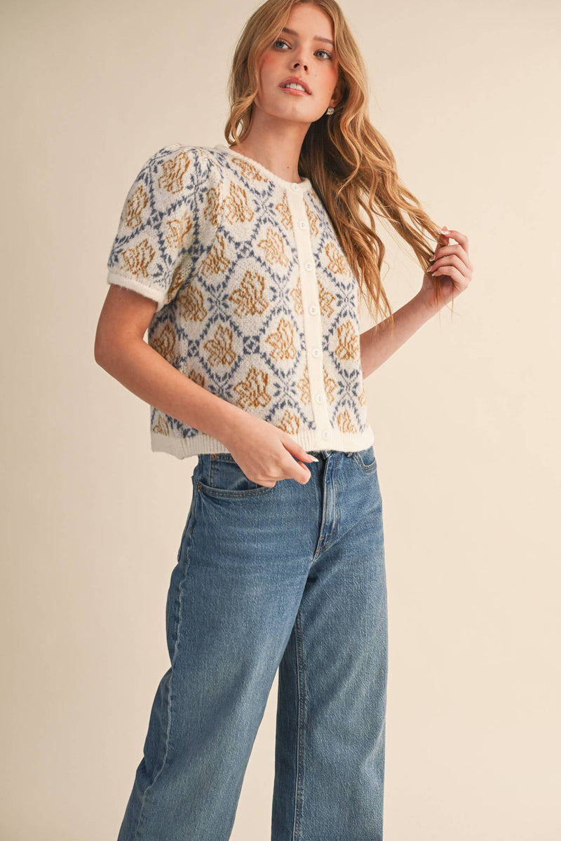 FLORAL SHORT SLEEVE SWEATER CARDIGAN