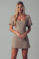 Romantic Square Neck Puff Sleeve Tweed Mini Dress
