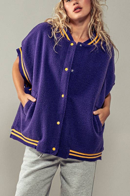 Oversized Sherpa Textured Varsity Button Front Vest