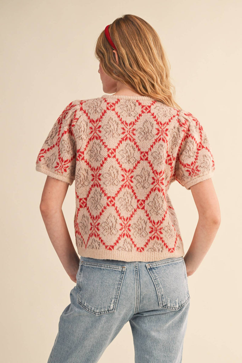 FLORAL SHORT SLEEVE SWEATER CARDIGAN