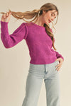 BRAIDED CABLE KNIT PUFF SLEEVE SWEATER