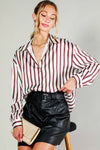 Collard Vertical Striped Printed Satin Blouse Top VT81315