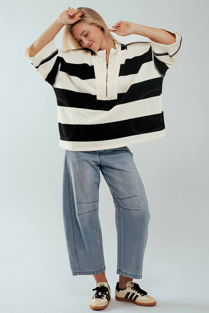 Oversized Half Zip Bold Stripe Statement Pullover Sweatshirt