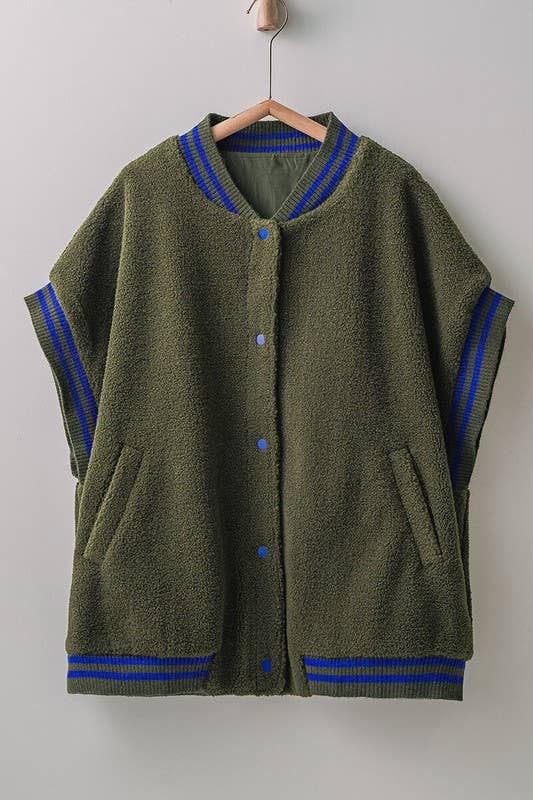 Oversized Sherpa Textured Varsity Button Front Vest