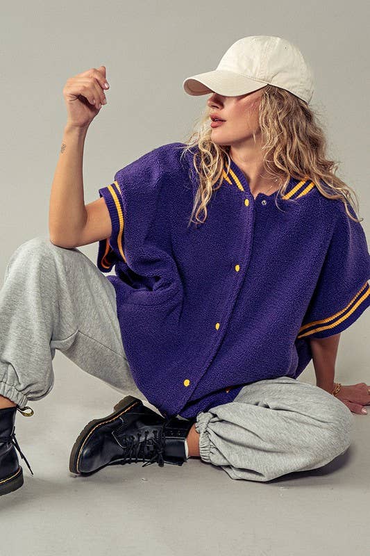 Oversized Sherpa Textured Varsity Button Front Vest