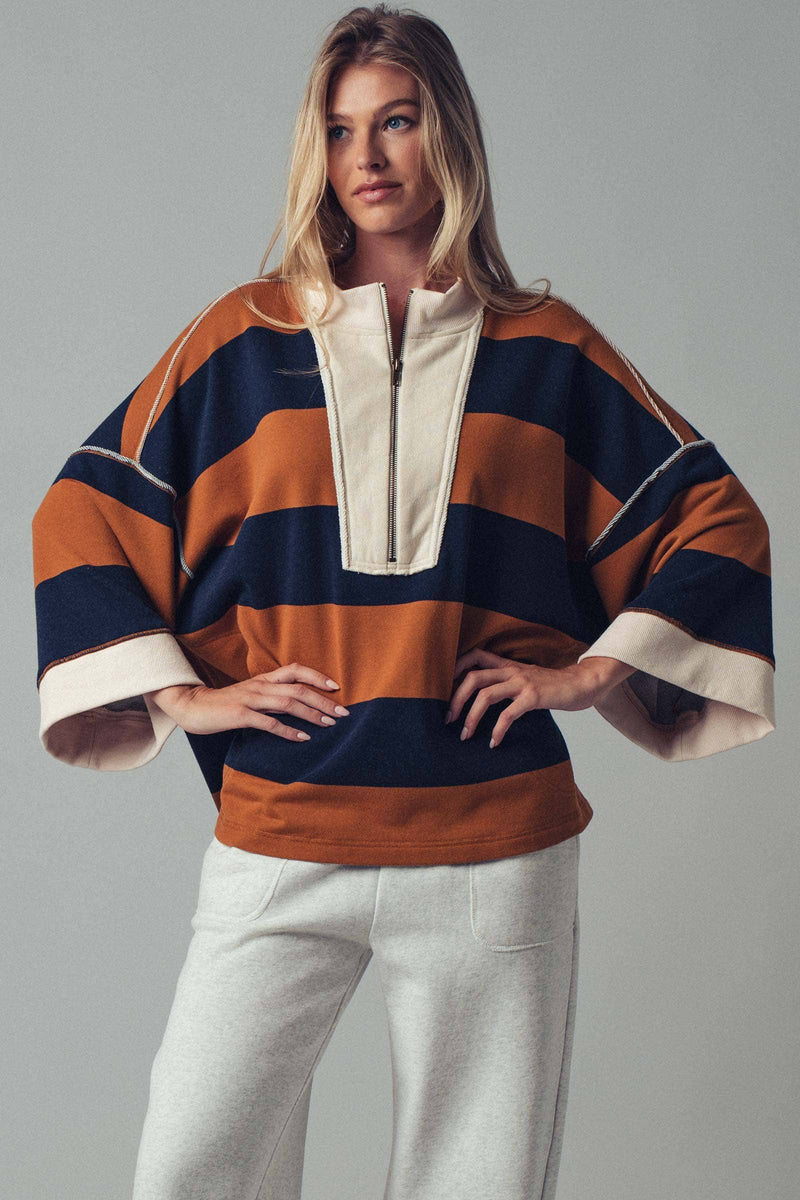 Oversized Half Zip Bold Stripe Statement Pullover Sweatshirt