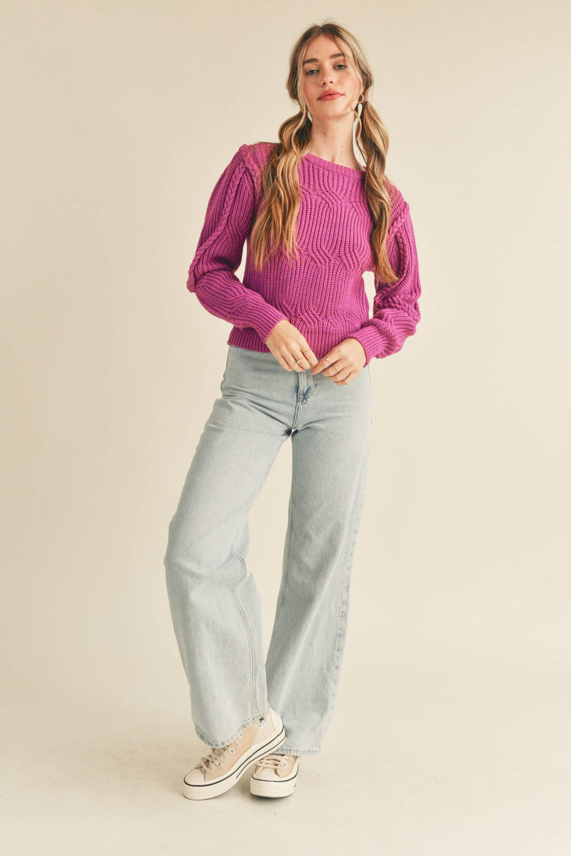 BRAIDED CABLE KNIT PUFF SLEEVE SWEATER