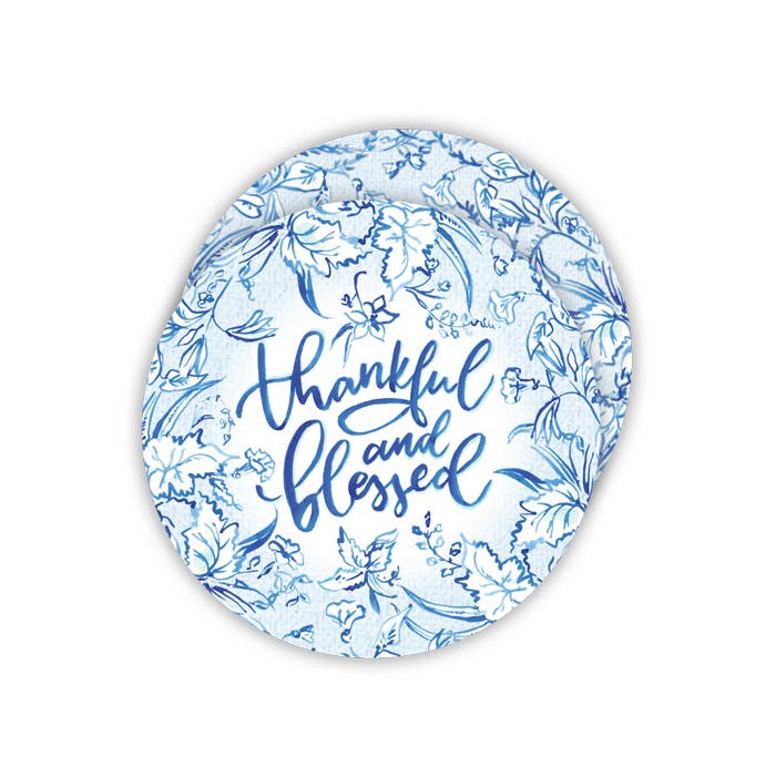 Handpainted Thankful Blessed Blue Leaves Round Coaster