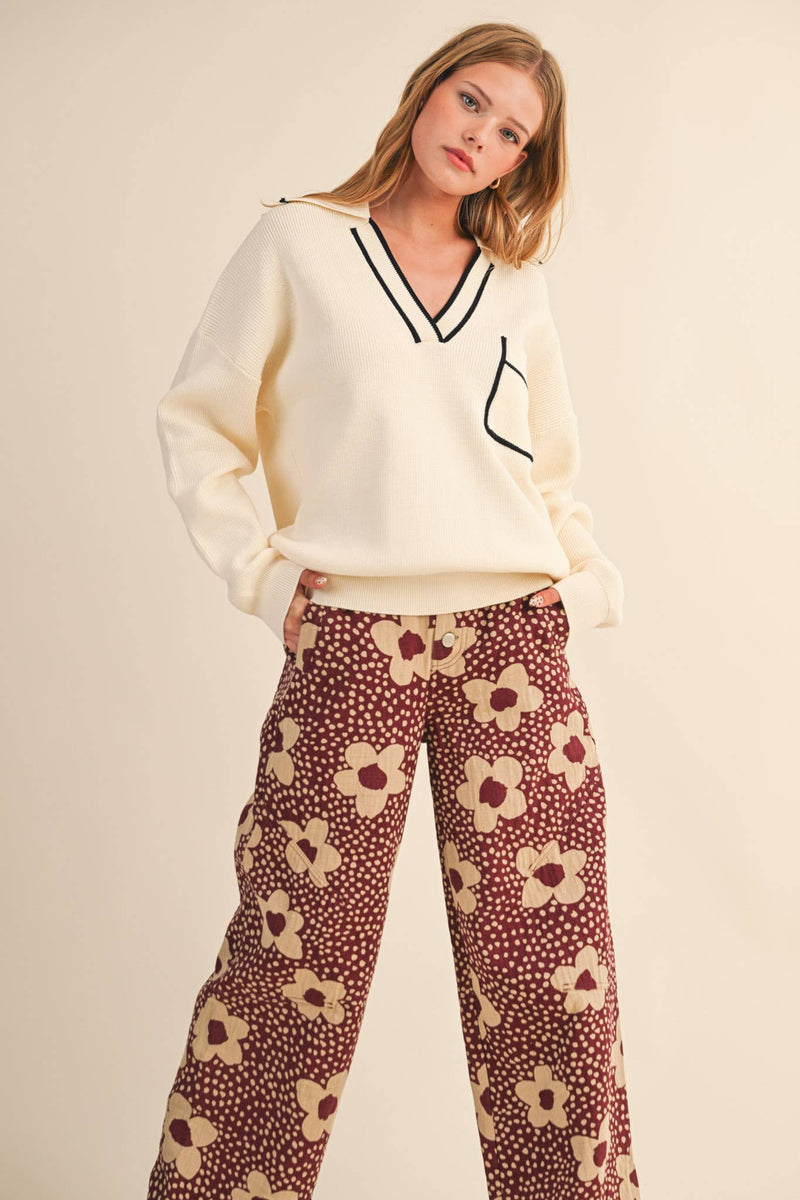 RIBBED COLLARED PULLOVER SWEATER