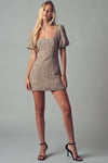 Romantic Square Neck Puff Sleeve Tweed Mini Dress