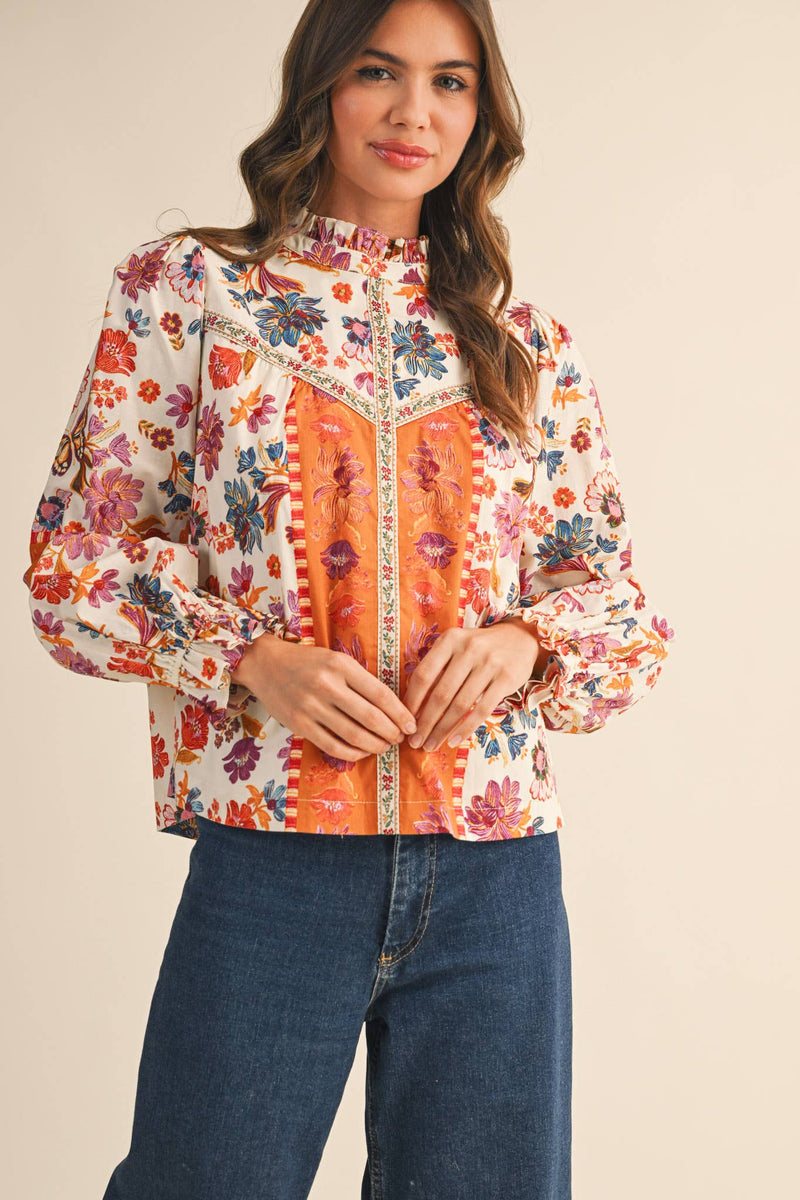 EXCLUSIVE FLORAL BORDER PRINT TOP WITH FLORAL TRIM