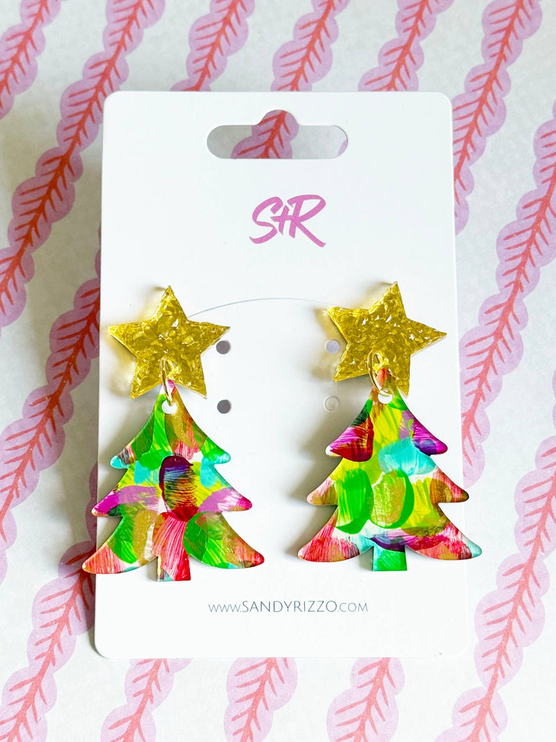 Hand-Painted Merry and Bright Art Tree Dangle Earring