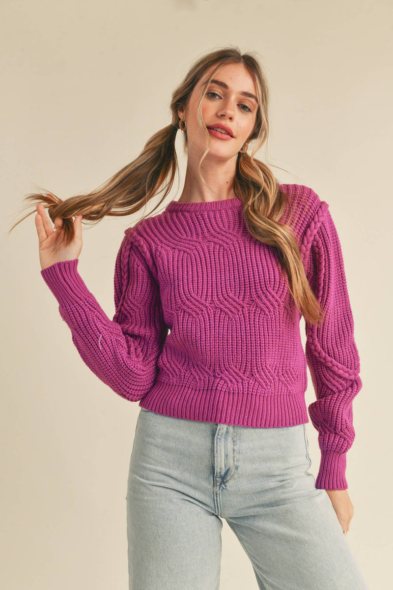 BRAIDED CABLE KNIT PUFF SLEEVE SWEATER