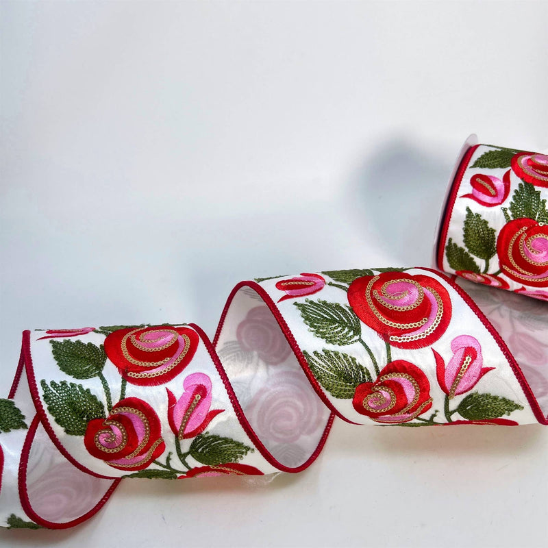 Sequins Floral Print on White Satin Ribbon 4” x 10yd