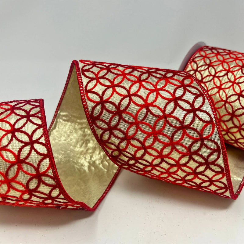 Red Chain Embroidery on Metallic Gold Ribbon 4" x 10yd