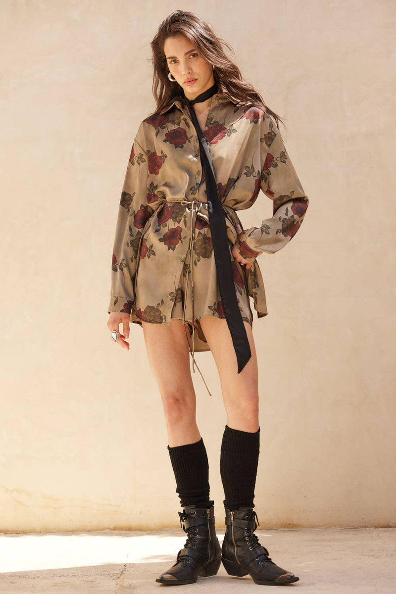 Floral Satin Belted Button-Up Shirt Romper