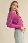 BRAIDED CABLE KNIT PUFF SLEEVE SWEATER