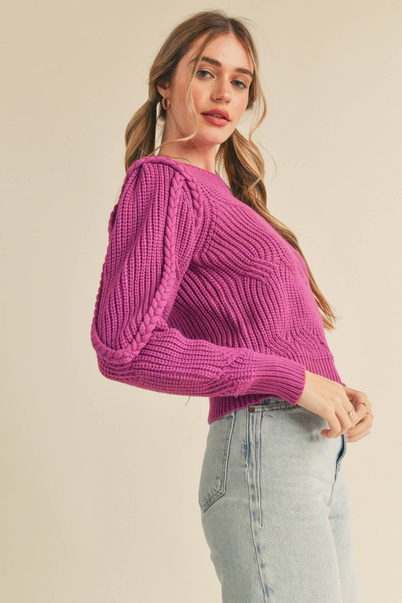 BRAIDED CABLE KNIT PUFF SLEEVE SWEATER