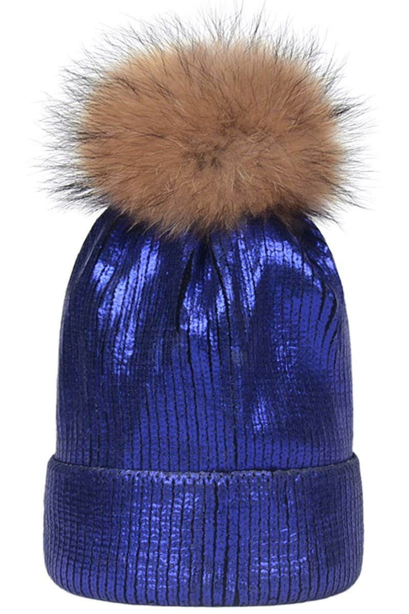 METALLIC SPARKLY FLUFFY POM POM BEANIE ROSE