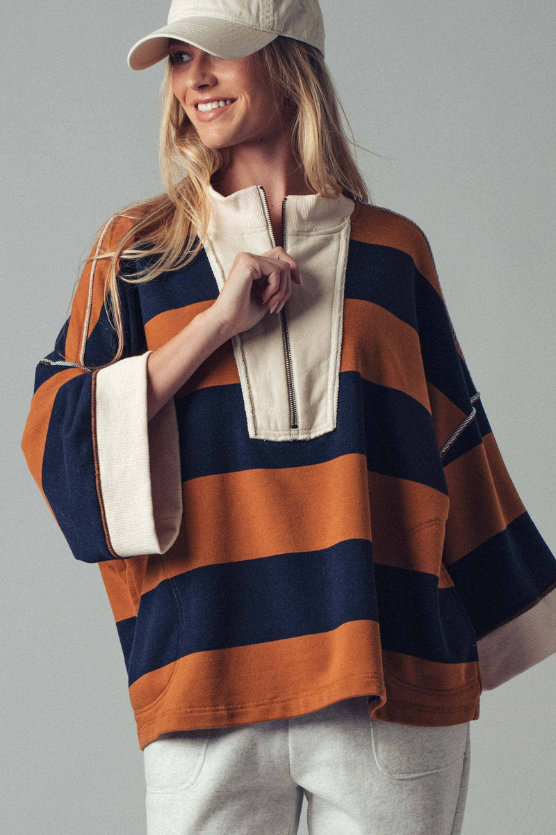 Oversized Half Zip Bold Stripe Statement Pullover Sweatshirt