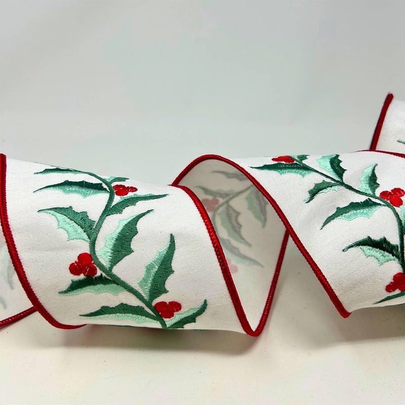 Sage Holly Leaves on White Faux Dupioni Ribbon 4" x 10yd