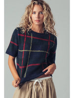 Plaid Short Sleeve Knit Sweater Top