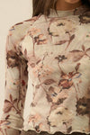 Floral Mesh Raglan-Sleeve Mock-Neck Thumbhole Top