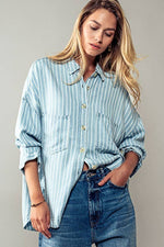 Casual Striped Double Pocket Button Down Collar Shirt